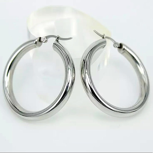 Silver 40mm Stainless Steel Tube Hoop Earrings - Picture 2 of 5